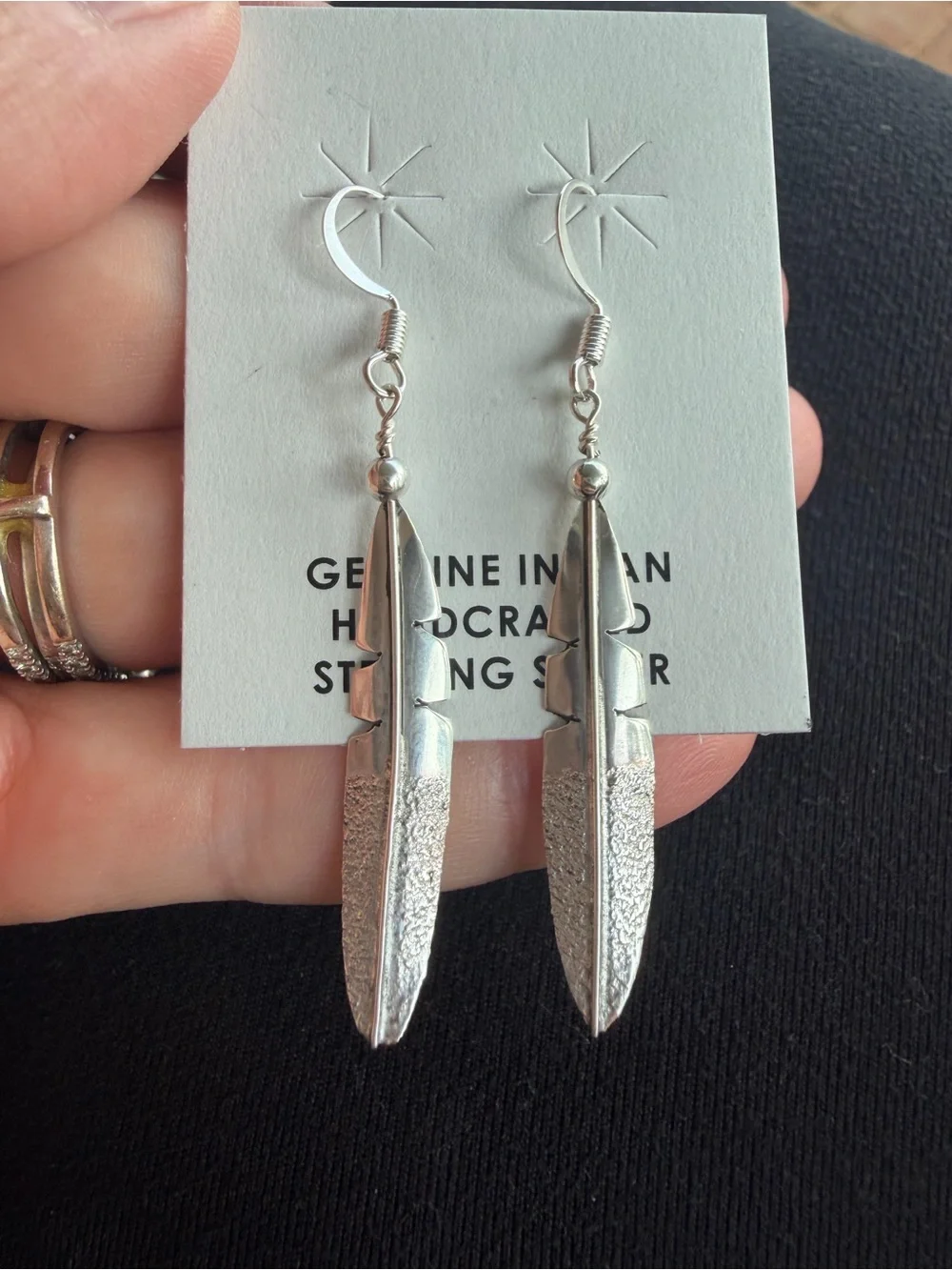 Navajo Handmade Sterling Silver Feather Drop Earrings - Silver